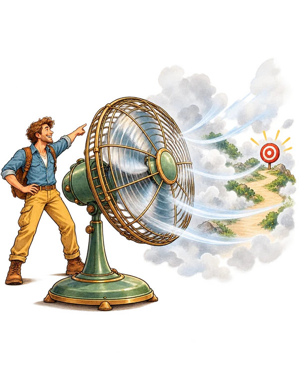 Veľký ventilátor rozháňa hmlu a odhaľuje cestu k jasnému cieľu.
