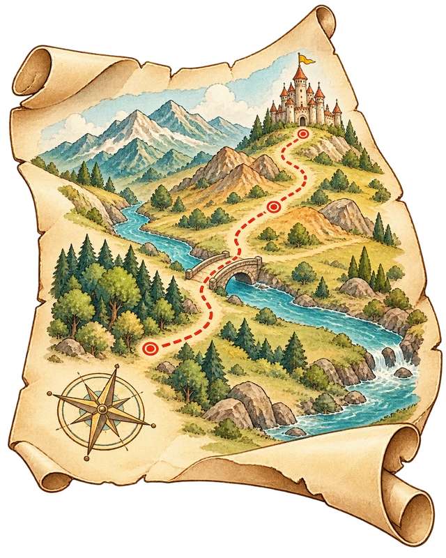 Rozvinutá mapa s trasou výpravy cez les, rieku a hory k hradu.